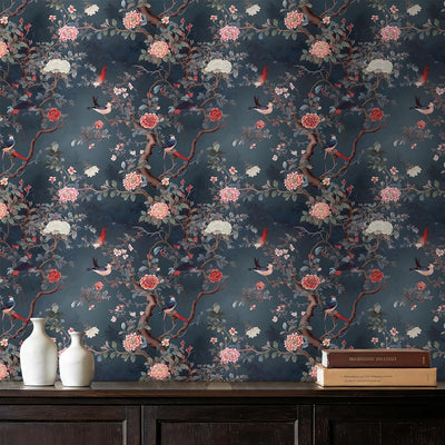 Papel tapiz floral chinoiserie verde azulado oscuro autoadhesivo