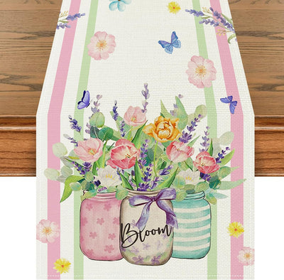 Camino de mesa floral de primavera 72 x 13 pulgadas con tarro de albañil y patrón de mariposa