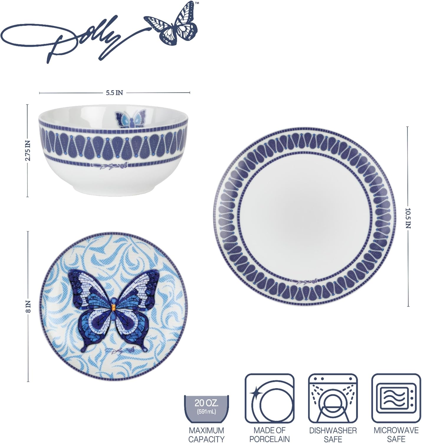 Juego 12 Pzas Vajilla Porcelana Mosaico Azul Mariposas