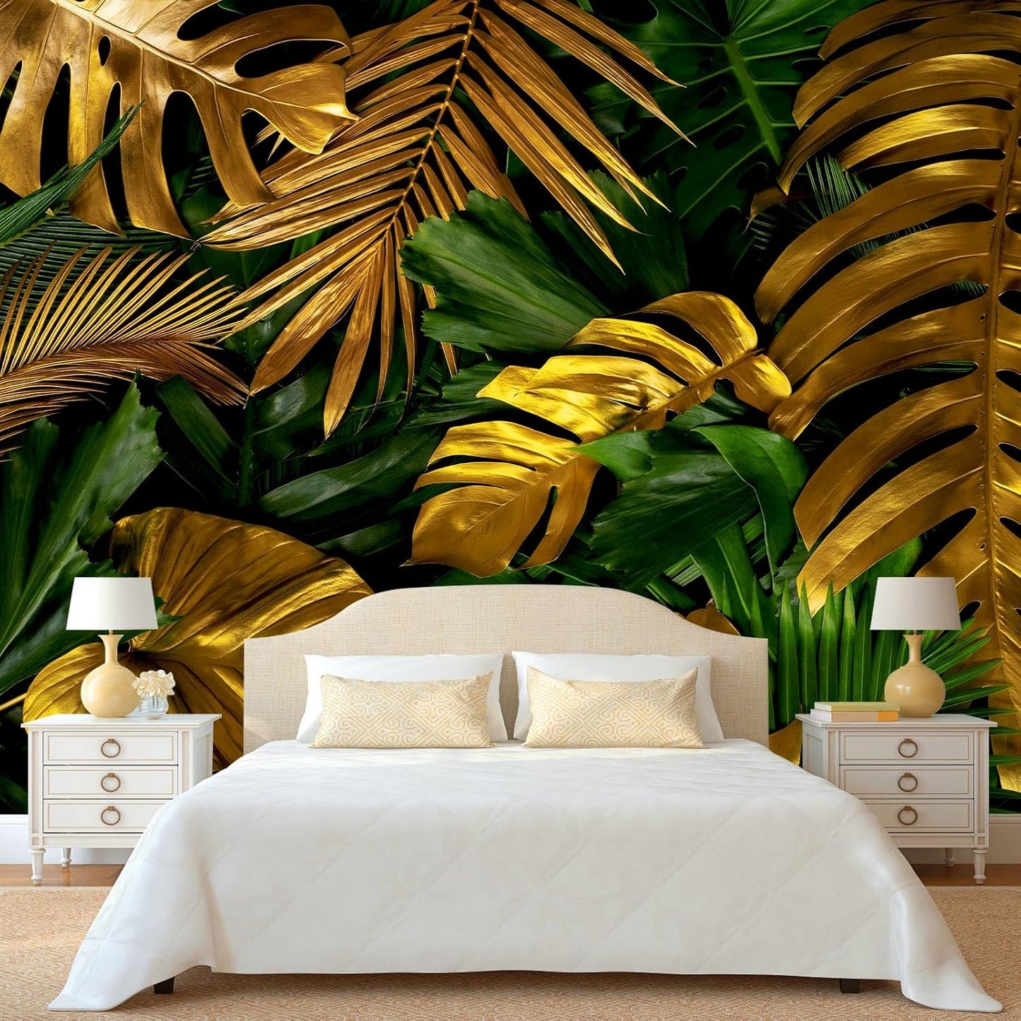 Papel pintado dorado hojas palmera Monstera