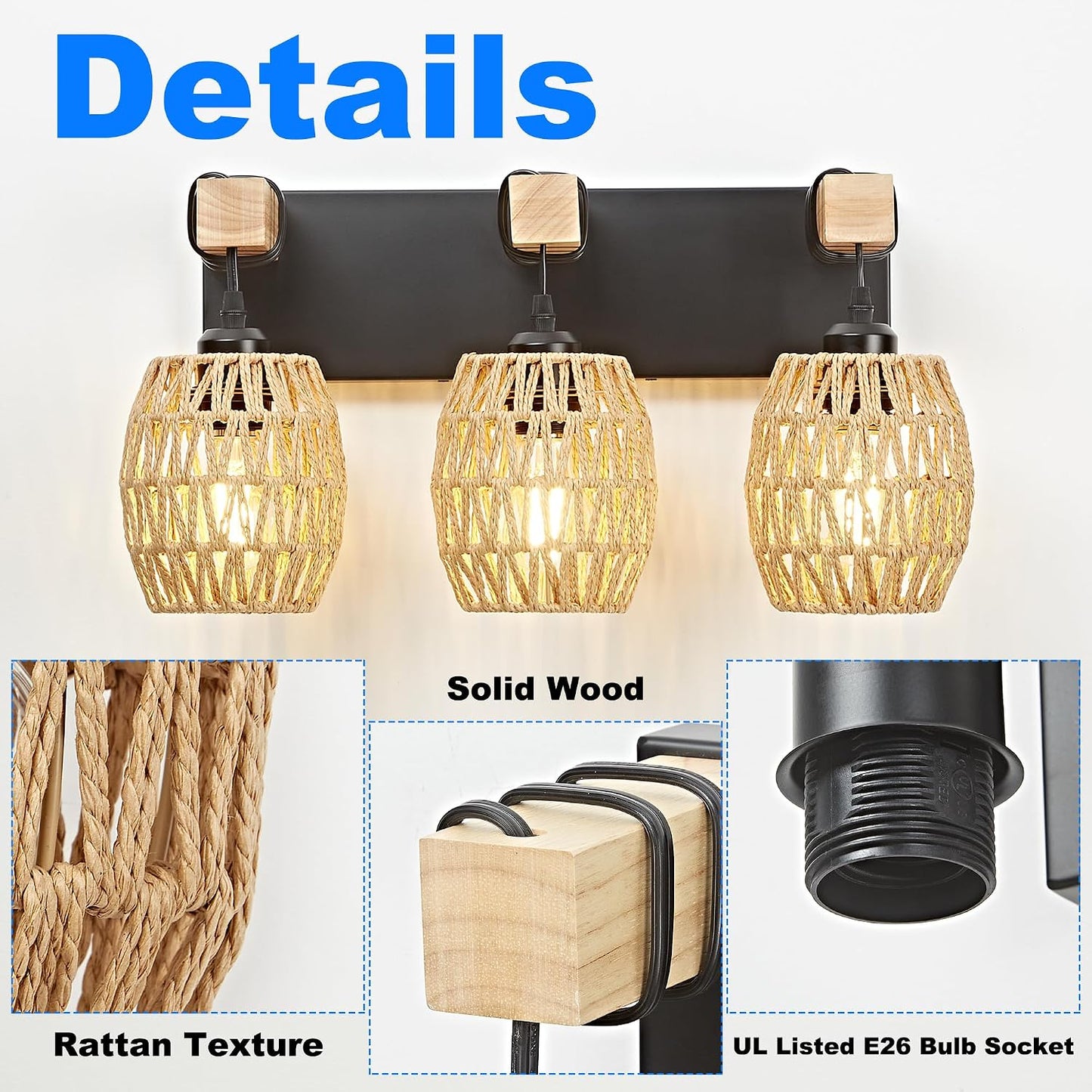 Lámpara tocador 3 luces mimbre ratán bohemio madera negra