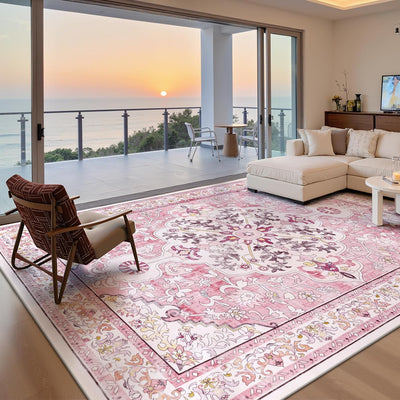 Alfombra área rosa 9x12ft lavable antideslizante interiores