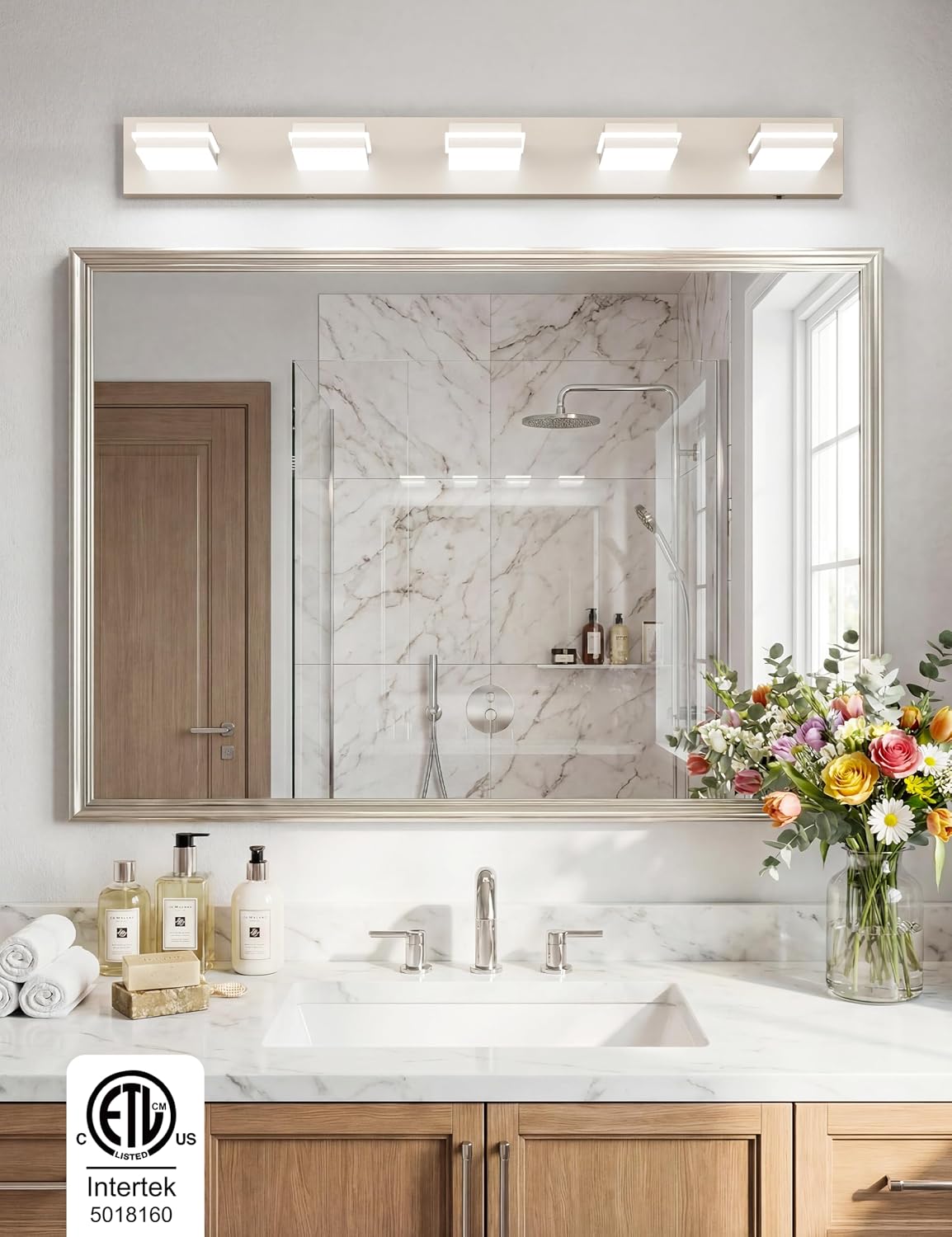 Lámpara baño LED 5 luces 40pulg níquel cepillado giratoria 6000K