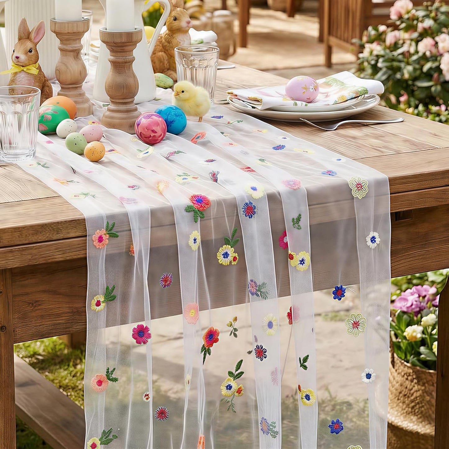 Camino de mesa floral blanco bohemio de 10 pies gasa bordada para decoracion
