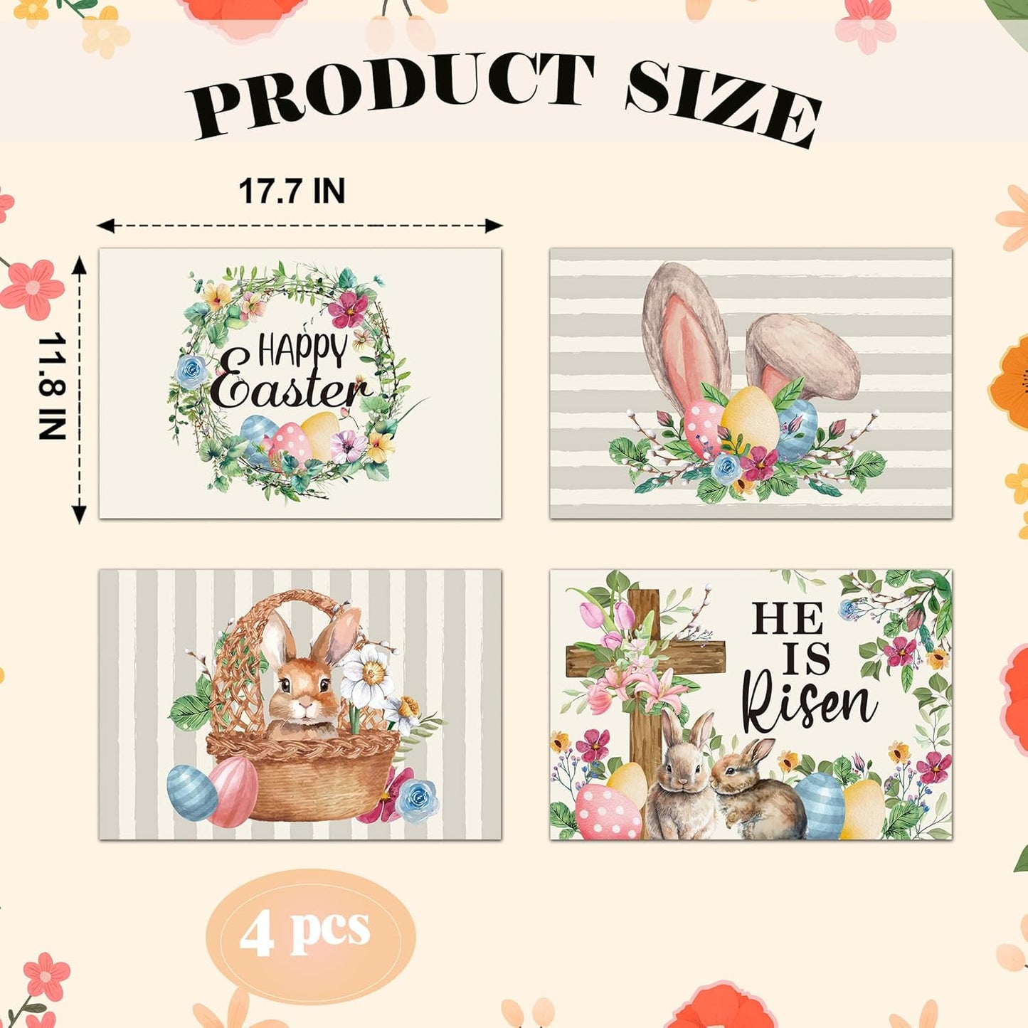 Juego de 4 manteles individuales con diseño feliz Pascua y decoración de huevos coloridos