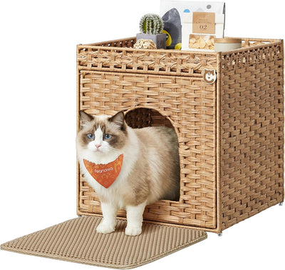Caja arena gatos con muebles ratán alfombrilla bohemia amarillo