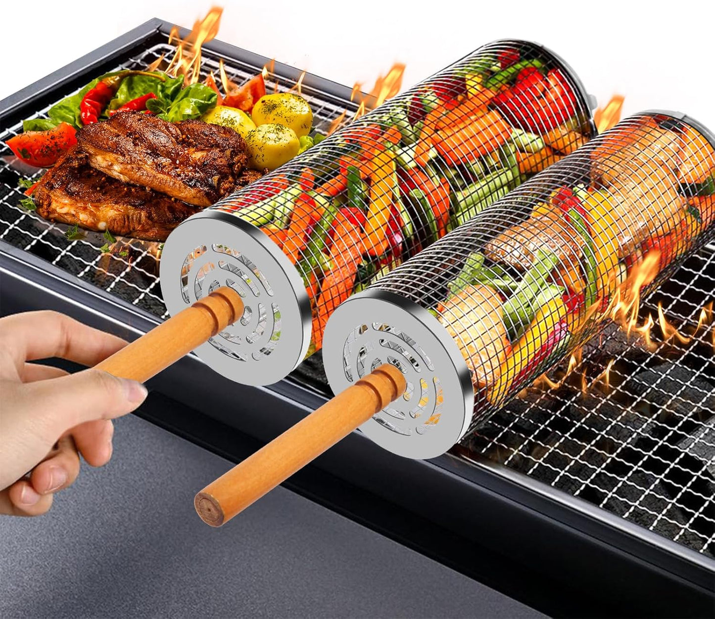 2 Cestas Parrilla Anidables Malla Acero Inox 304 Asas Madera