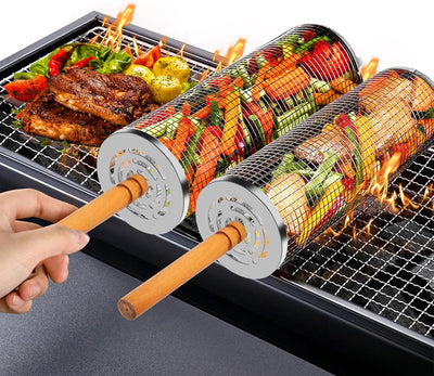 2 Cestas Parrilla Anidables Malla Acero Inox 304 Asas Madera