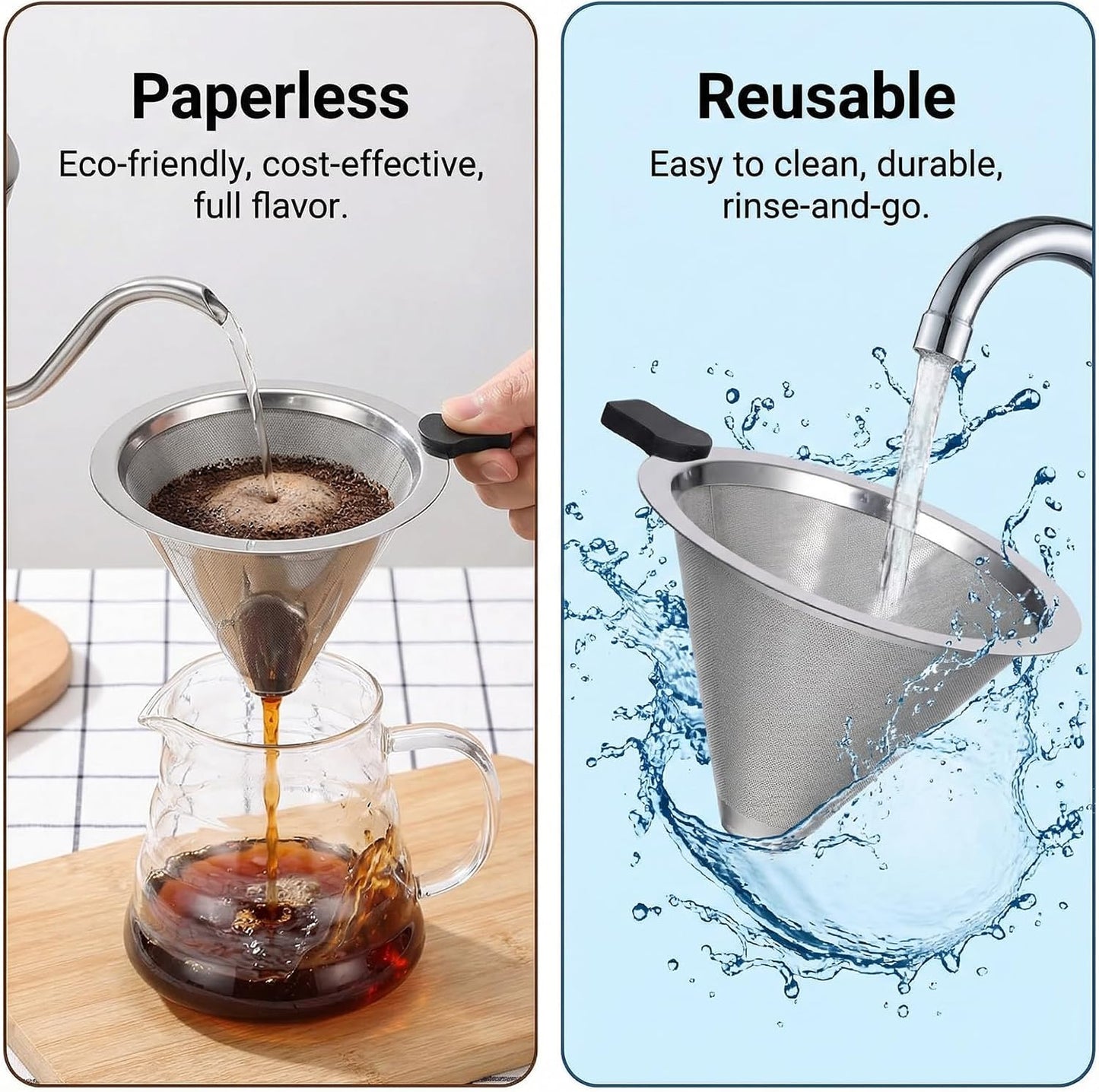 Filtro de café de metal sin papel para 1-2 tazas, doble malla