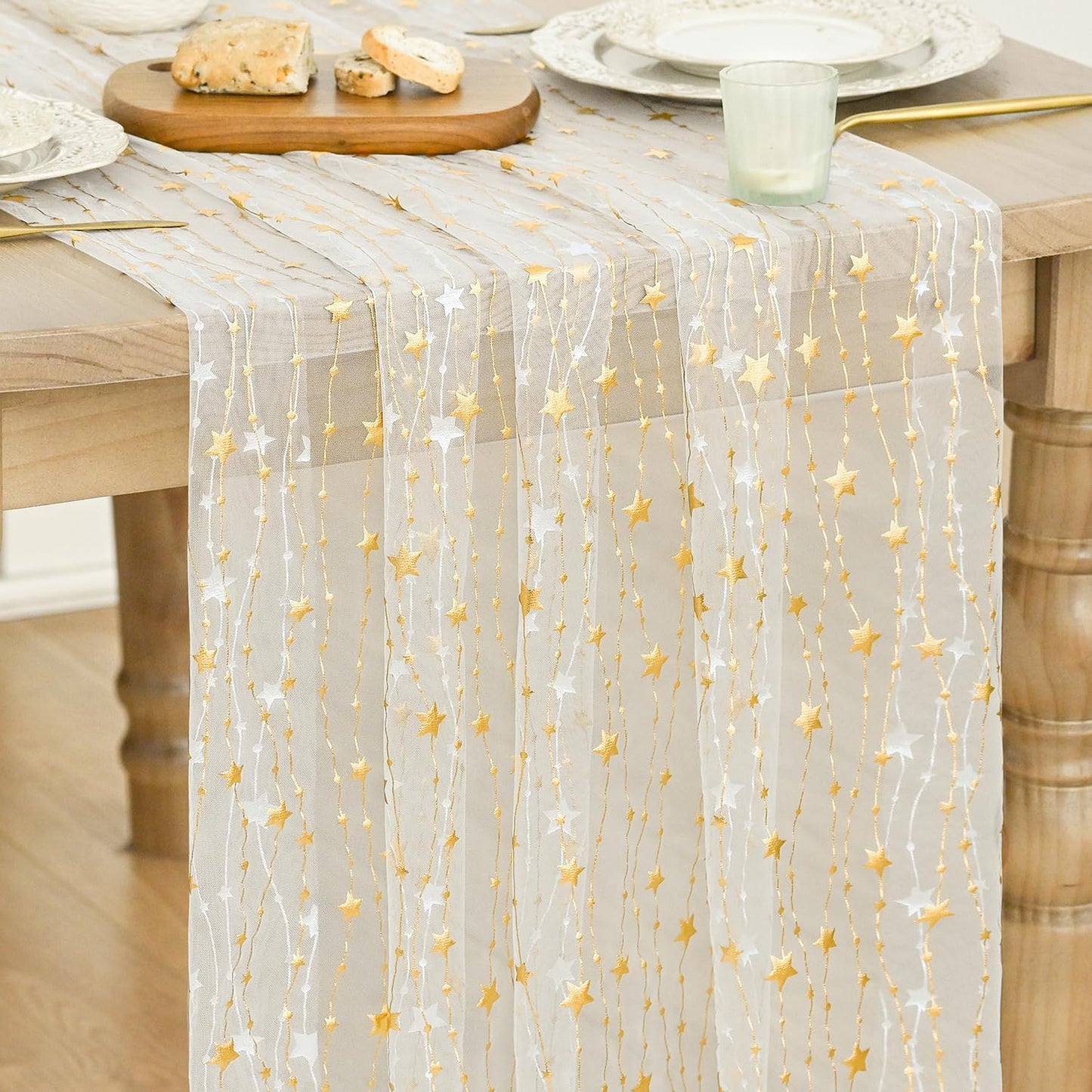 Camino de mesa de gasa beige con estrellas 10 pies purpurina transparente