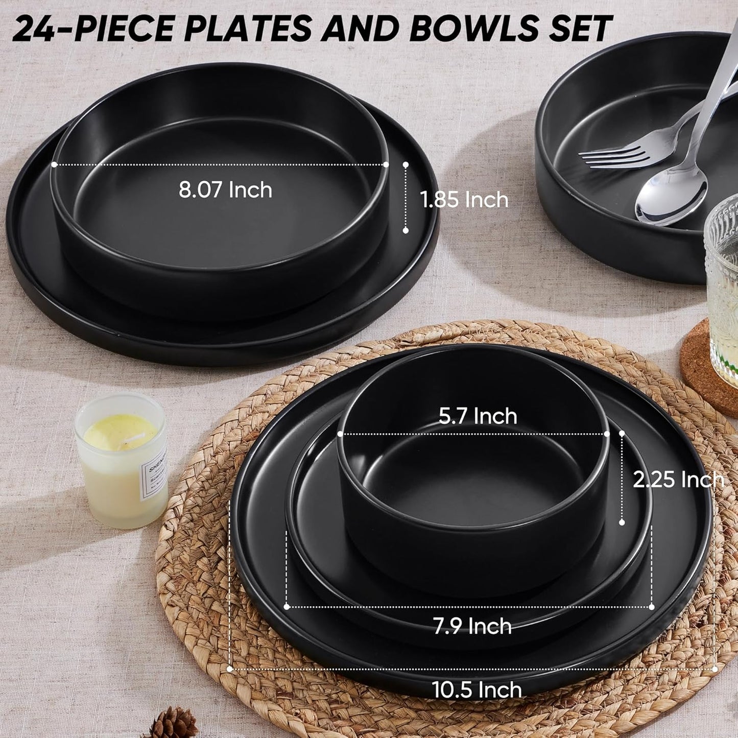 Set 24 Pzas Vajilla Negra Cerámica Pasta Moderna