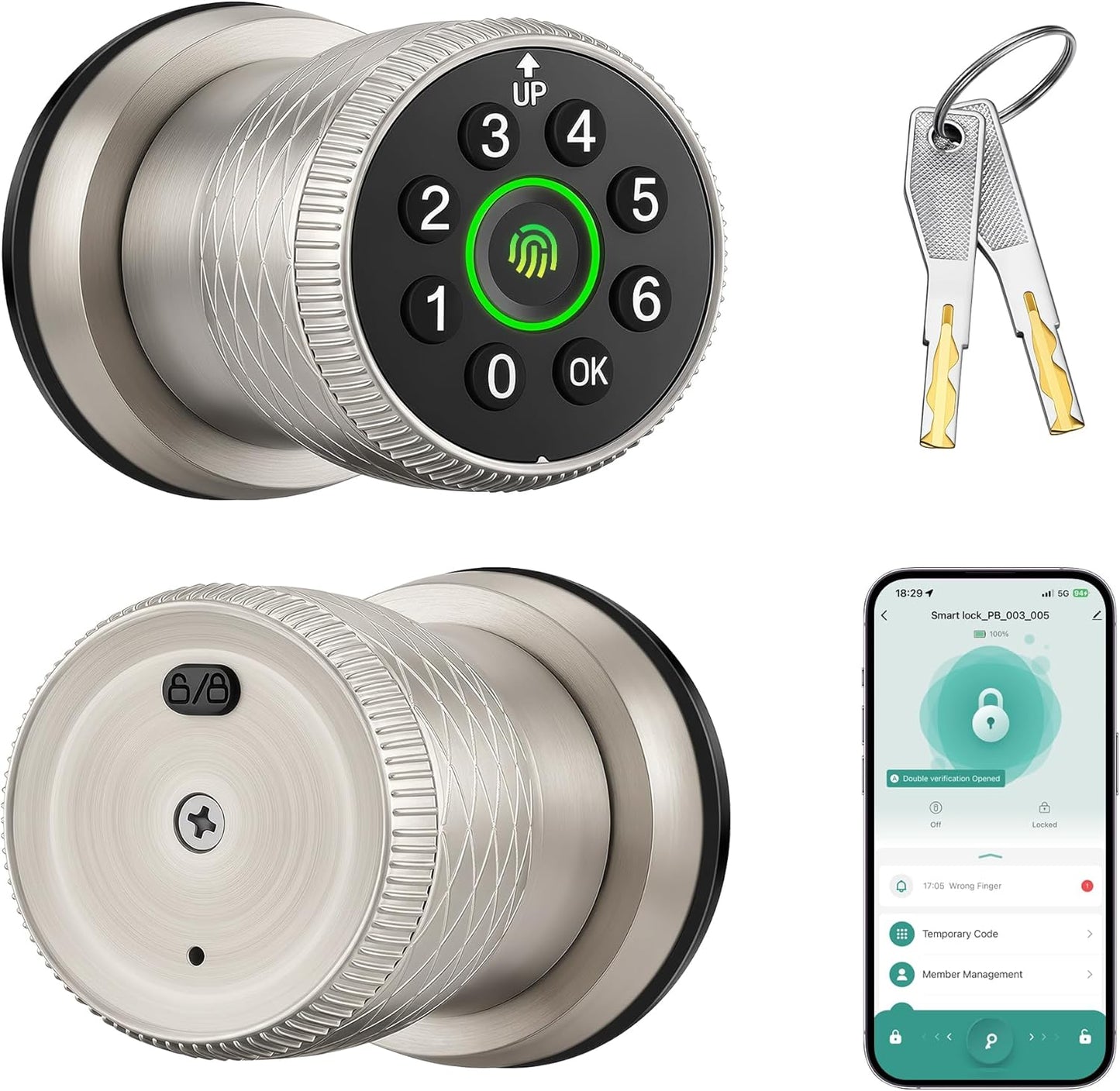 Pomo puerta biométrico sin llave bloqueo automático níquel satinado
