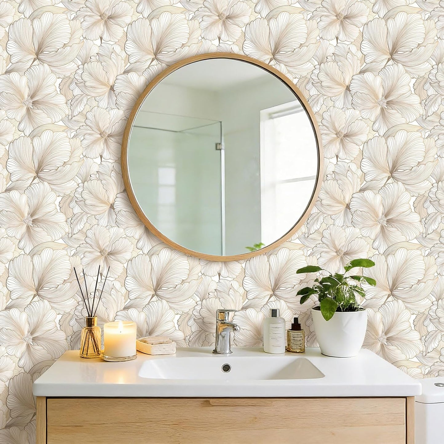 Papel tapiz neutro floral bohemio dorado crema