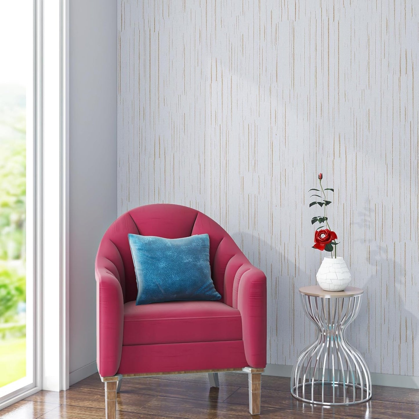 Papel tapiz texturizado blanco dorado 15.8x197pulg rayas verticales