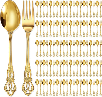 Set 100 Pzas Cubiertos Acero Inox Dorado 8pulg Retro