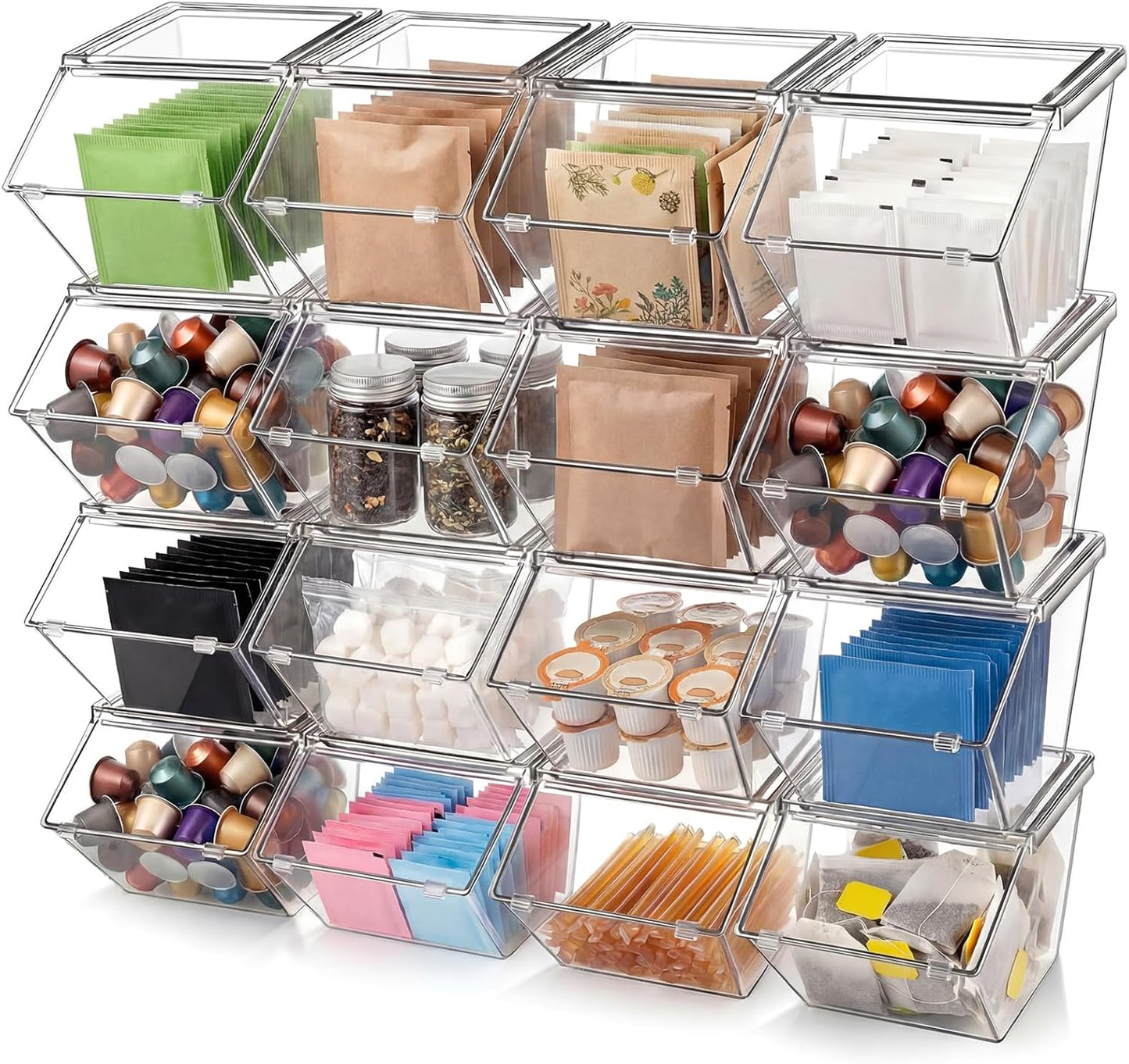 16 Cubos Plástico Transparente Tapas Apilables Despensa Cocina