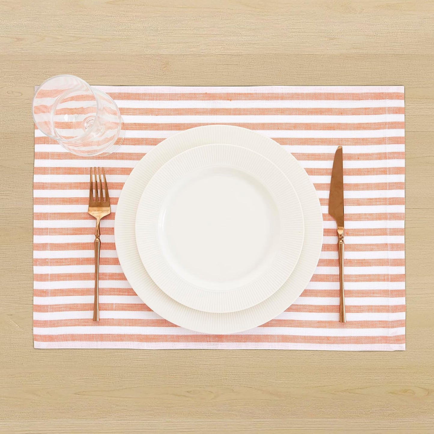 Set 4 Manteles Lino Puro 14x19pulg Rayas Naranja Blanco