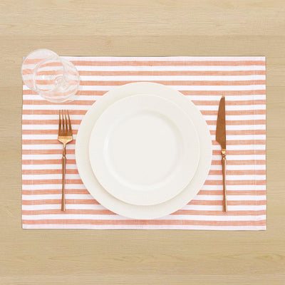 Set 4 Manteles Lino Puro 14x19pulg Rayas Naranja Blanco
