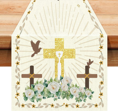 Camino de mesa de lino para comunión, bautizo y decoración 13 x 72 pulgadas
