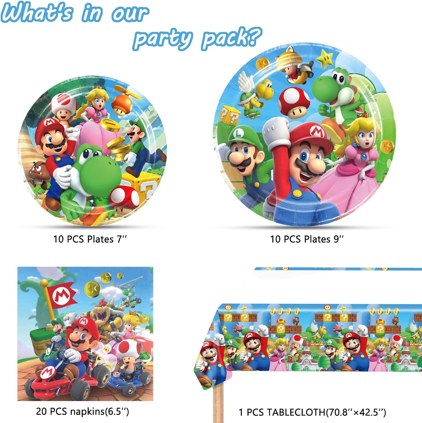 Suministros de fiesta de cumpleaños de Mario con 20 platos, 20 servilletas y 1 mantel