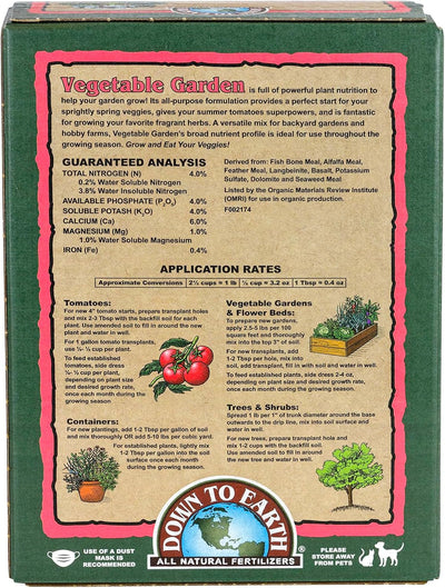 Abono orgánico Down To Earth 4-4-4 para jardín vegetales 1lb