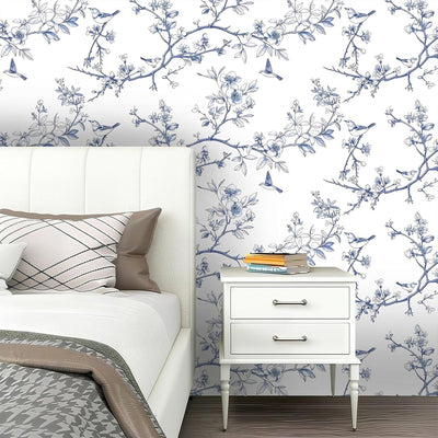 Papel Tapiz Floral Azul y Blanco Botánico Vintage Extraíble