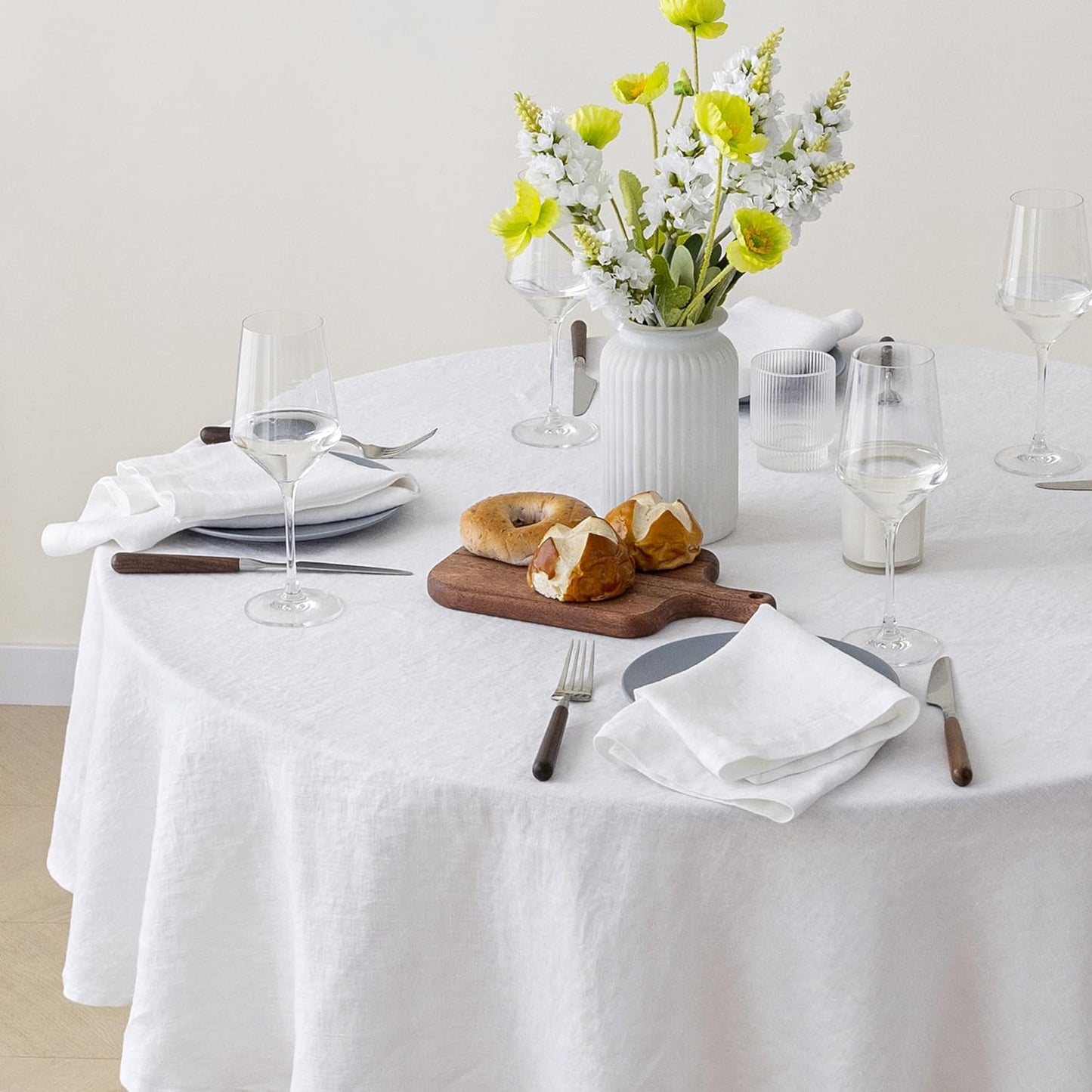 Mantel Lino Francés Redondo 65pulg Blanco Para Comedor Eventos
