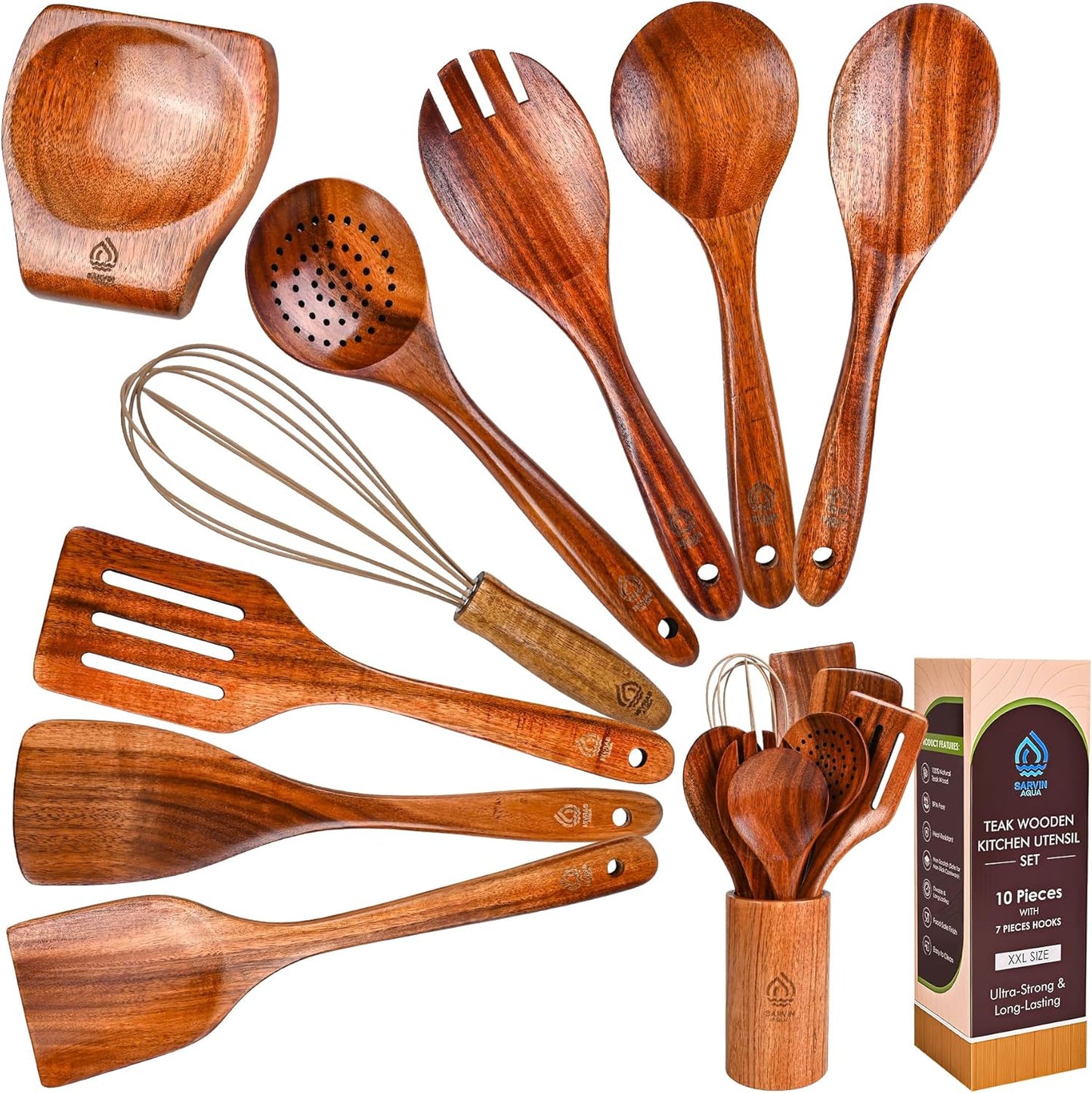 Set 10 Pzas Utensilios Cocina Madera Teca con Soporte