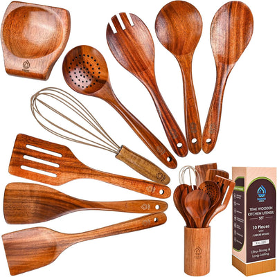 Set 10 Pzas Utensilios Cocina Madera Teca con Soporte