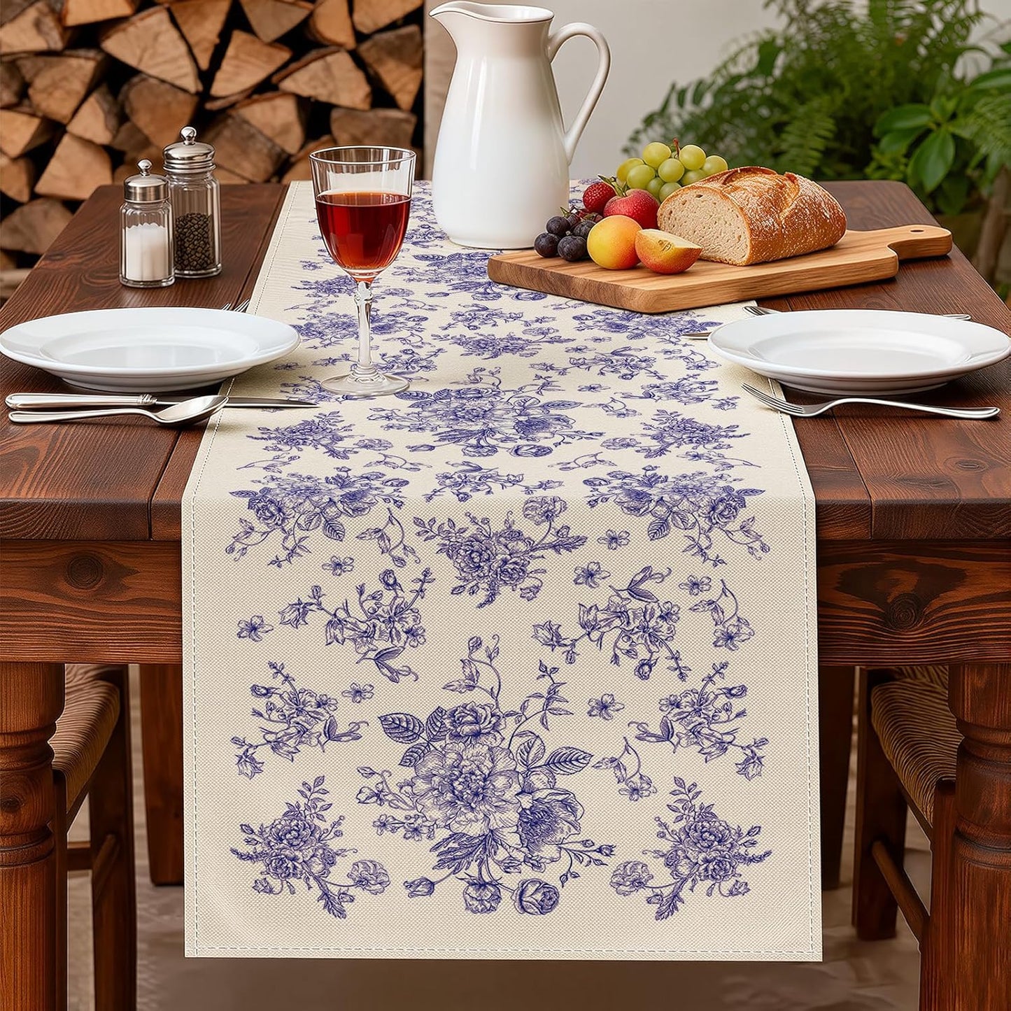 Camino de mesa floral azul chinoiserie 13 x 108 pulgadas decoración de primavera