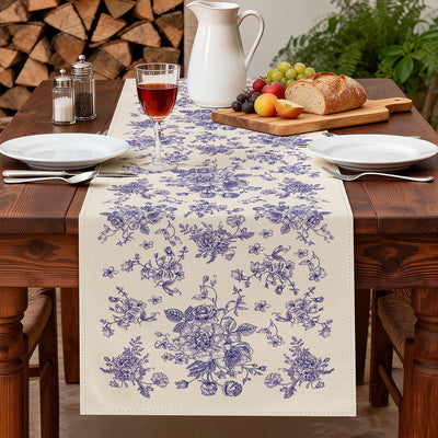 Camino de mesa floral azul chinoiserie 13 x 108 pulgadas decoración de primavera