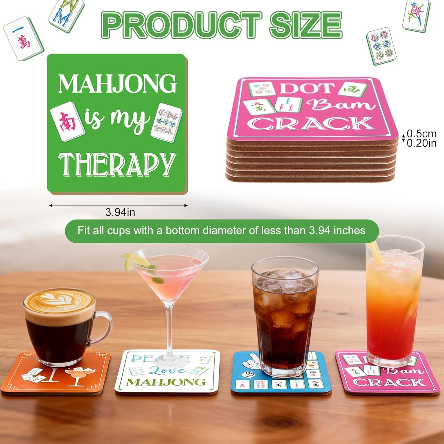 Paquete de 8 posavasos Mahjong de 3.94 x 3.94 pulgadas coloridas