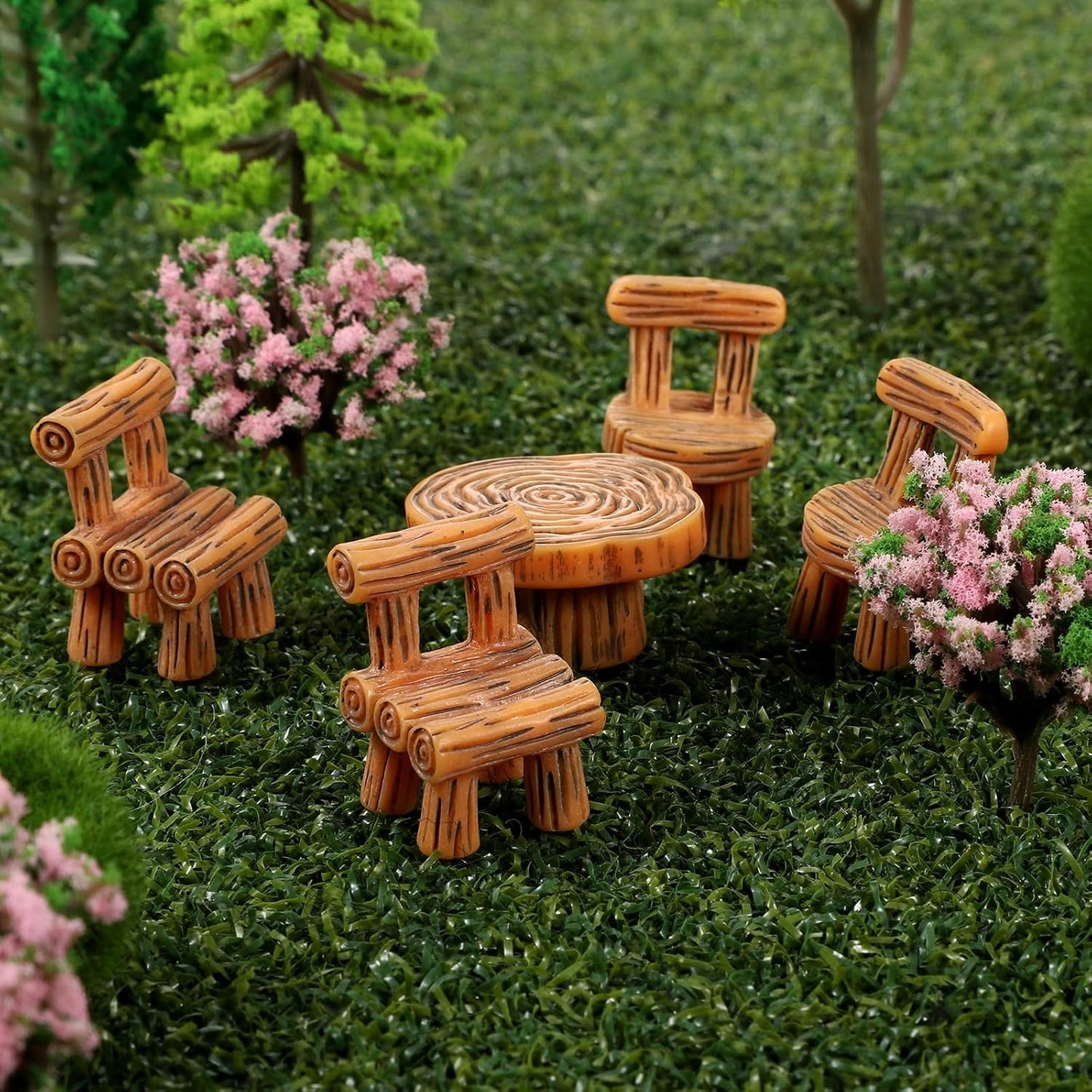 Set 5 accesorios jardín hadas mini mesa sillas resina decoración