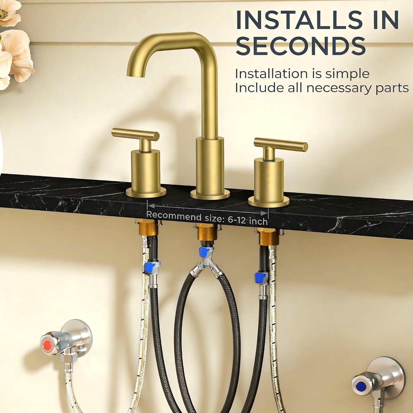 Grifo baño 3 agujeros oro cepillado 8pulg asas boquilla giratoria