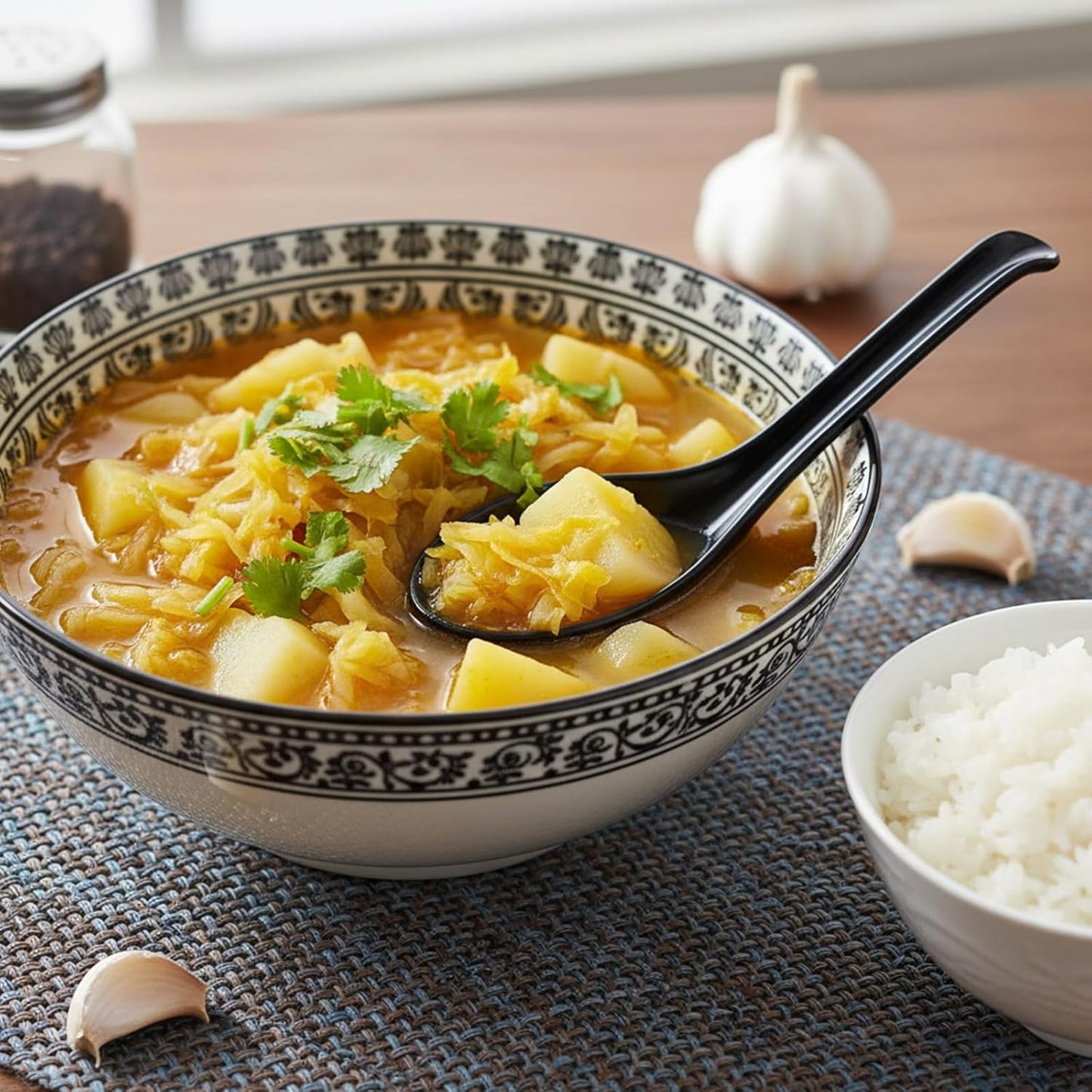 Cucharas de sopa asiáticas de melamina negra con mango largo y gancho