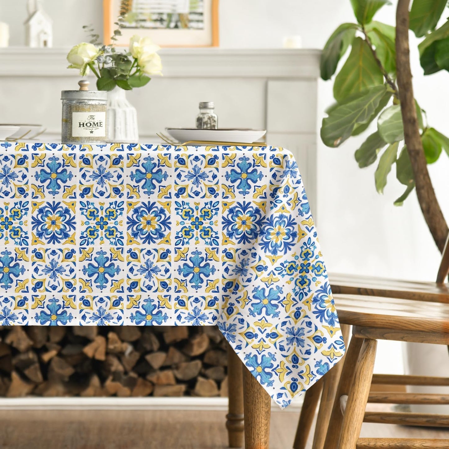 Mantel rectangular azul Talavera 60 x 84 pulgadas para fiestas y decoración