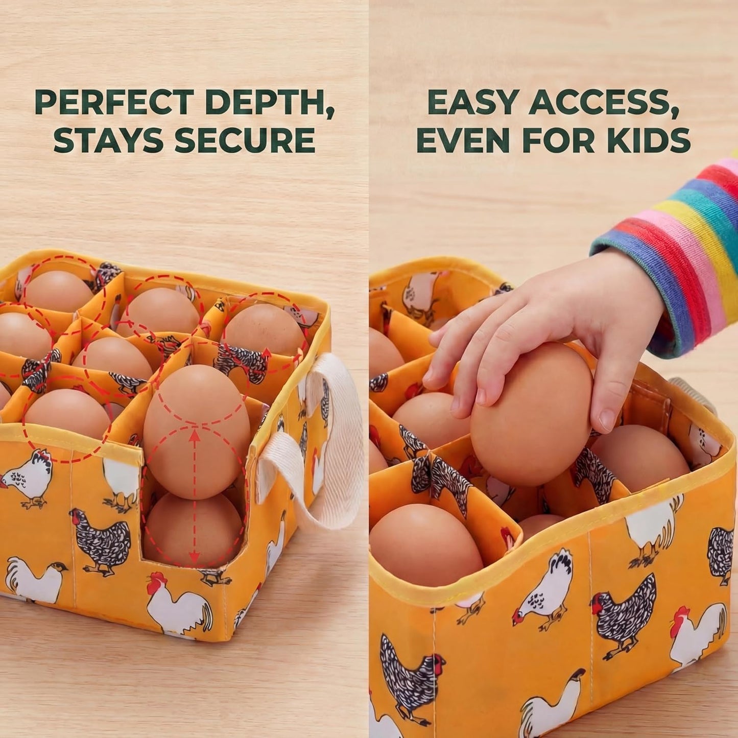 Cesta recolección huevos niños 9 bolsas acolchadas seguro