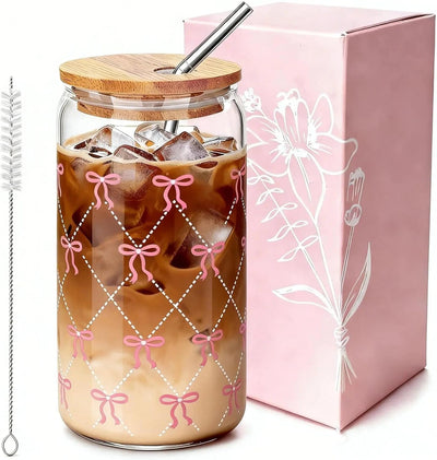 Vasos de vidrio con tapas y pajitas taza café helado lazo rosa 16 oz regalo cumpleaños San Valentín Navidad