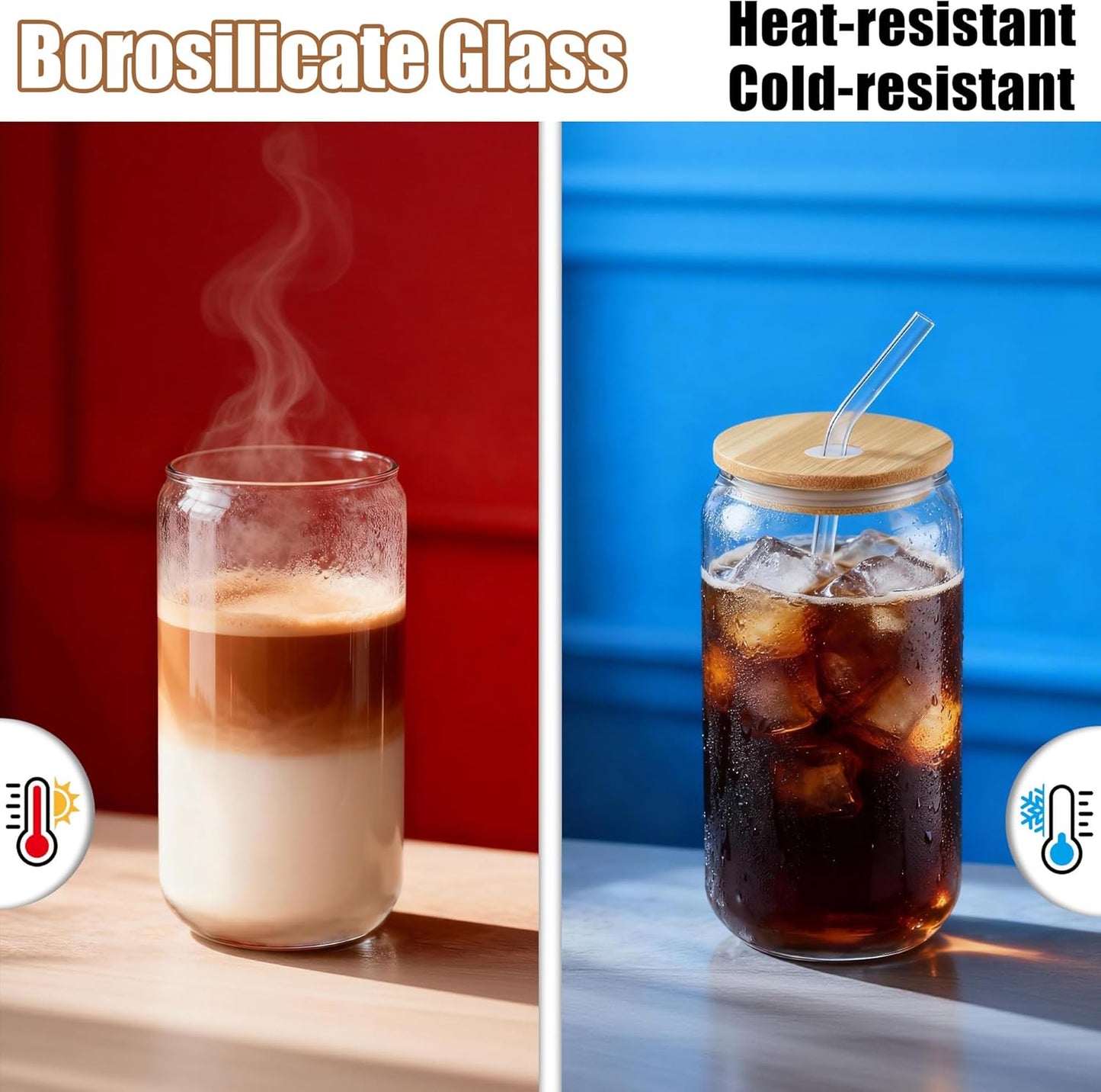 Set 6 vasos vidrio 16oz con tapa bambú pajita para café helado