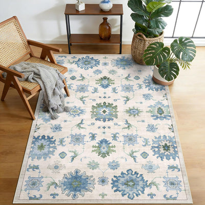 Alfombra lavable antideslizante Oushak azul salvia vintage