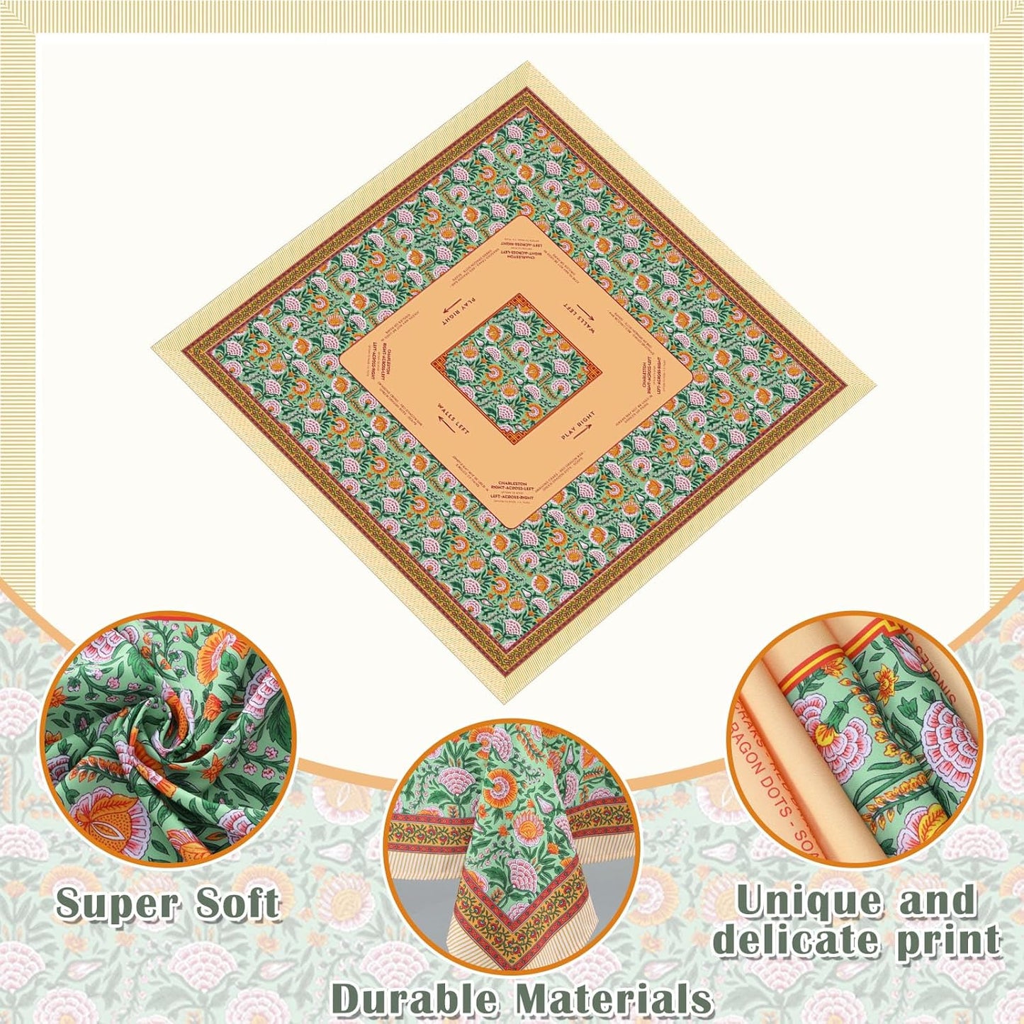 Mantel cuadrado Mahjong de poliéster 55x55 pulgadas con reglas para fiestas