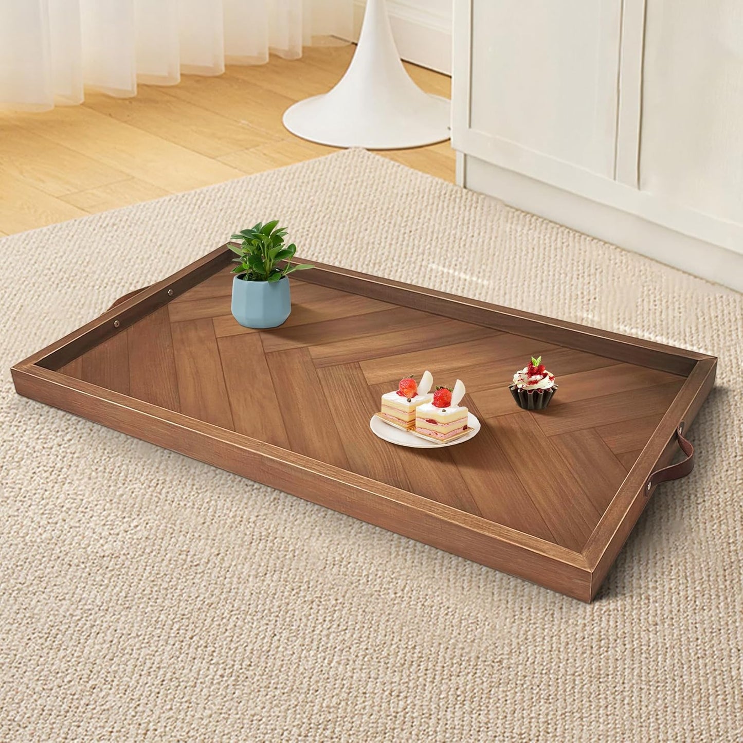Bandeja otomana extragrande 32x18pulg madera con asas rústica