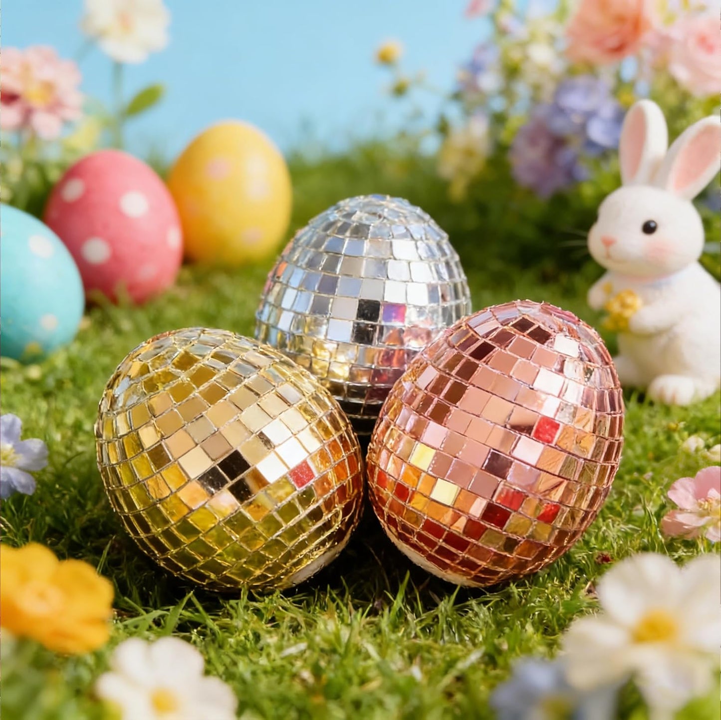 Decoraciones Pascua 3 huevos discoteca bola reflectante