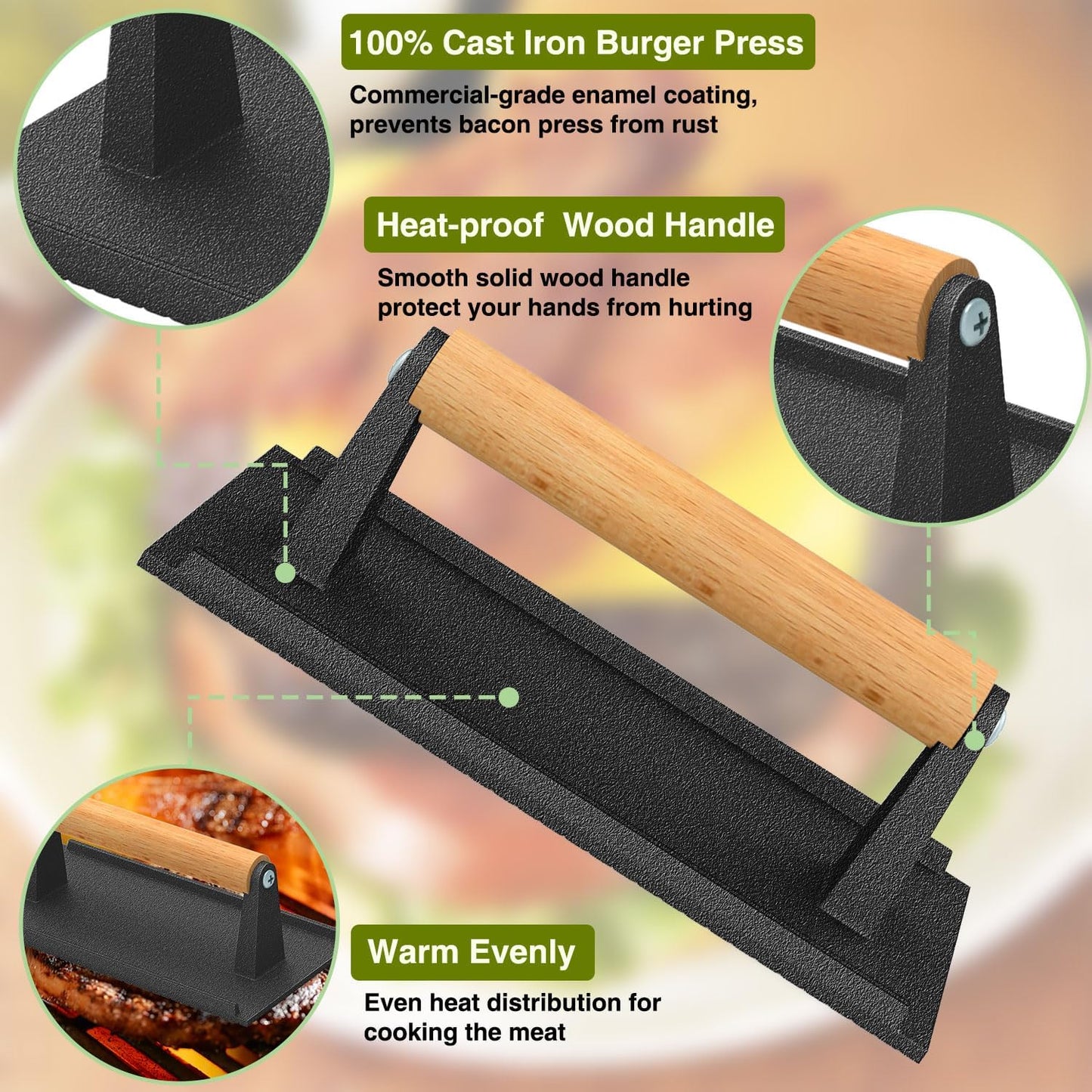 Prensa hamburguesas hierro fundido 7 y 8.2x4.3 pulg mango madera