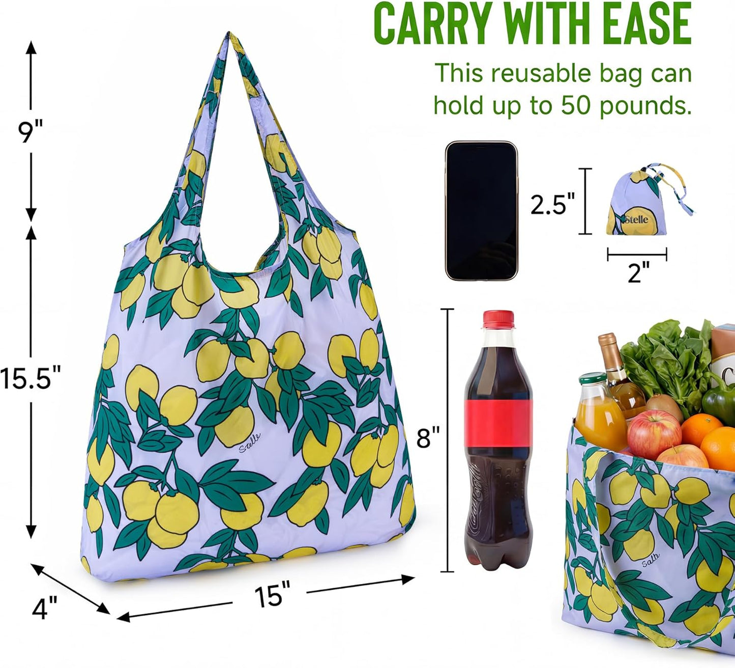 Bolsa de comestibles ligera reutilizable con asas de nylon ripstop