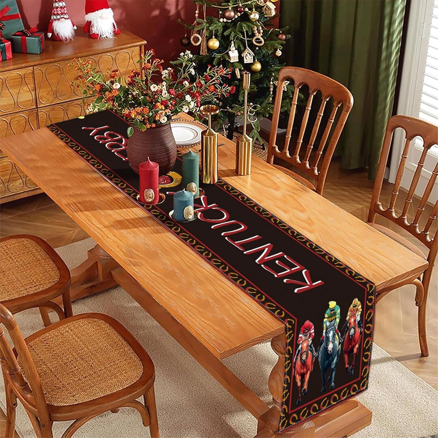 Table runner de caballo de carreras para mesa 13x72 pulgadas negro y rojo