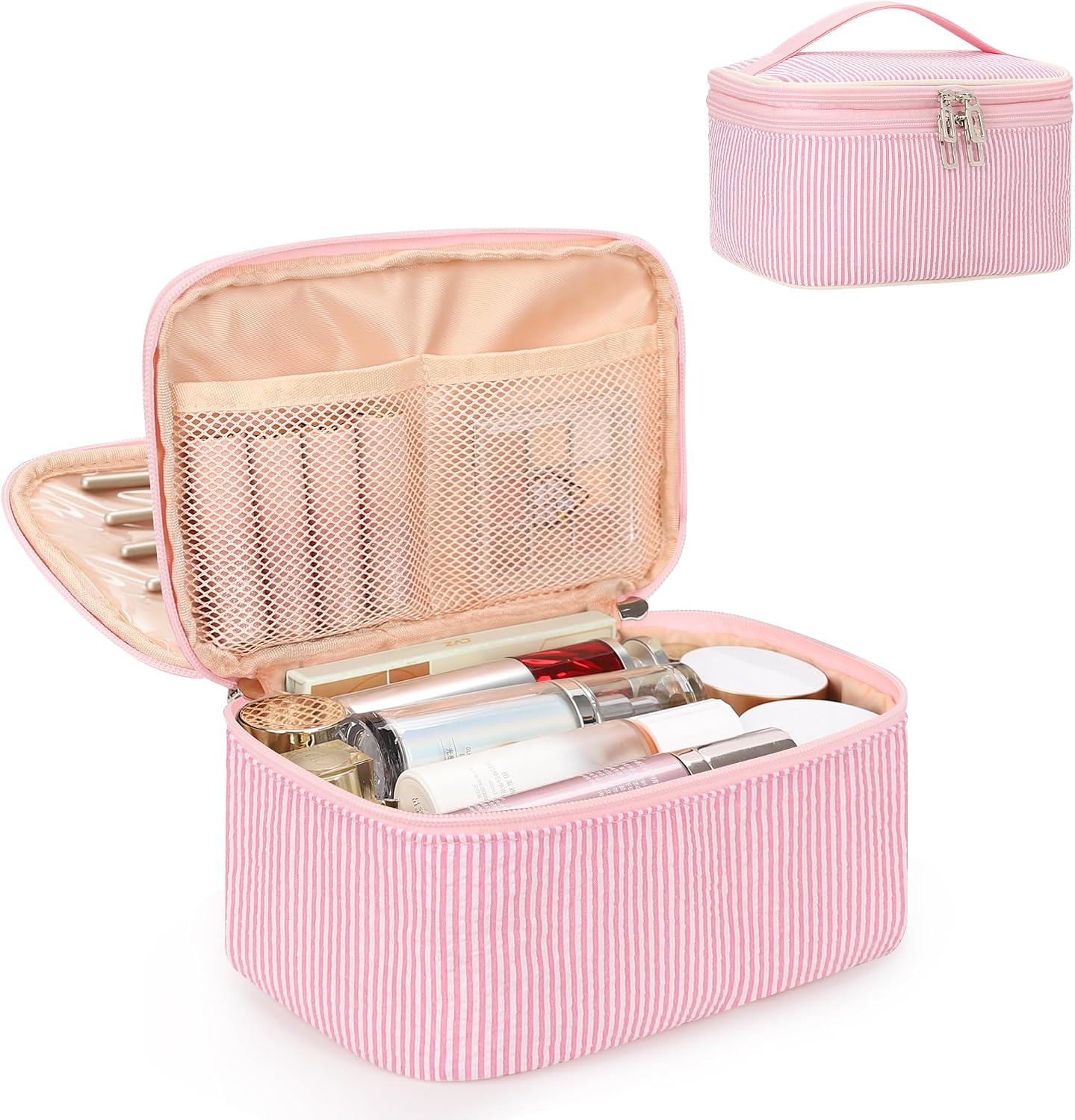 Bolsa maquillaje rosa doble capa con soporte cepillos