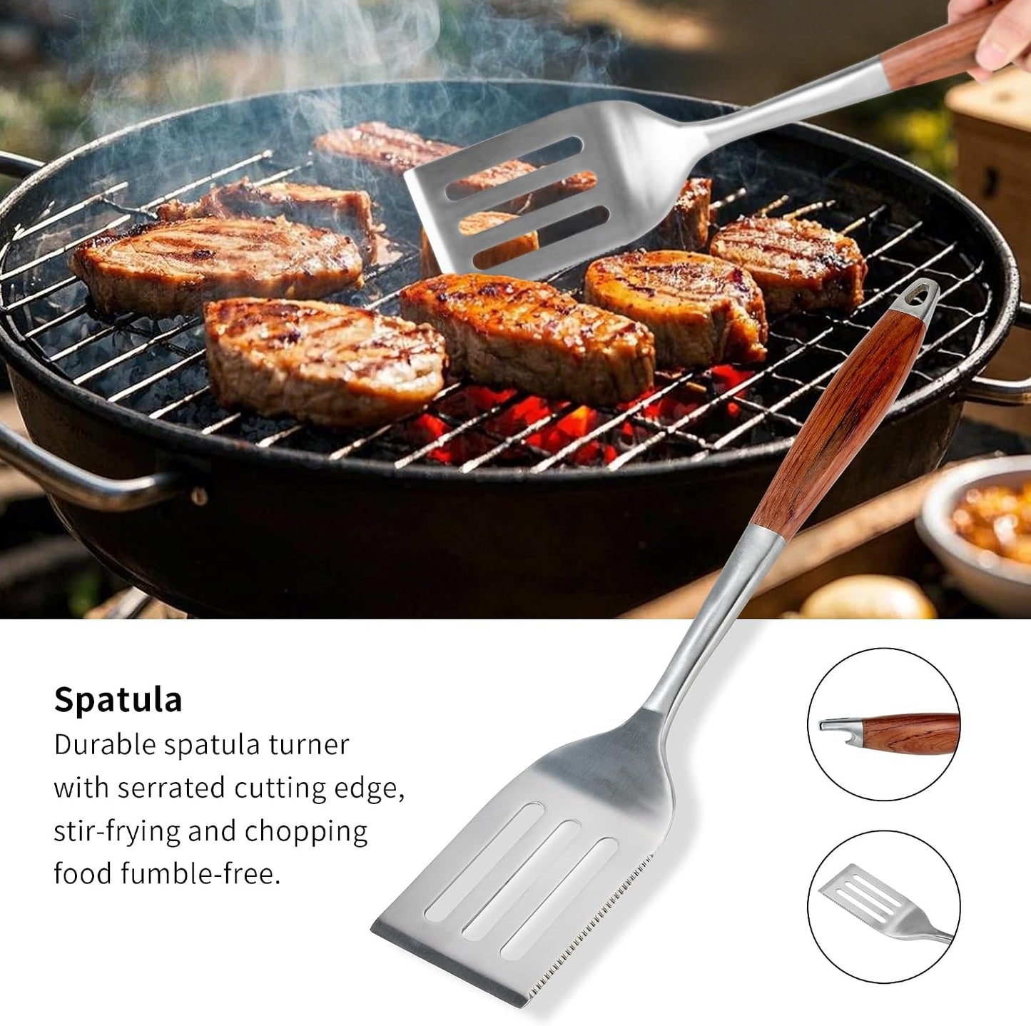 Juego herramientas barbacoa madera rosa espátula tenedor pinzas