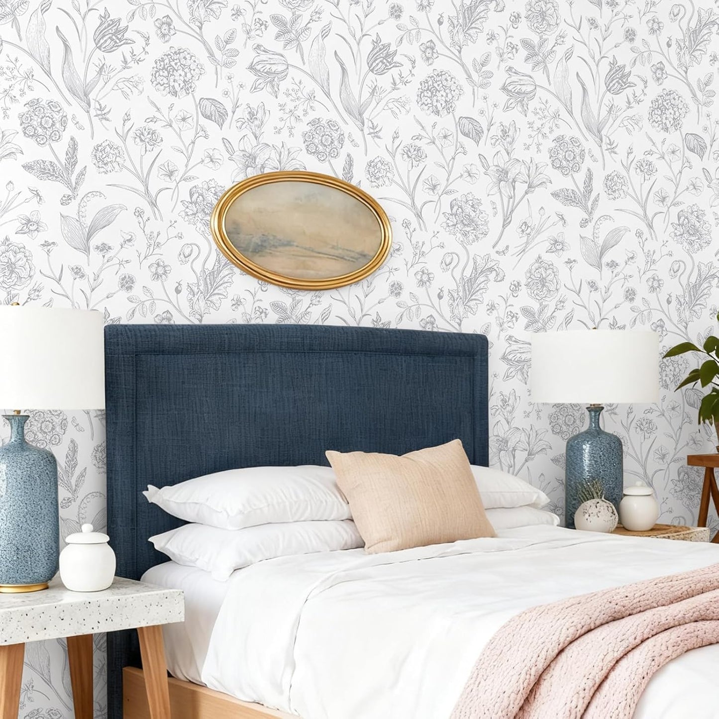 Papel Tapiz Floral Gris Extraíble para Dormitorio