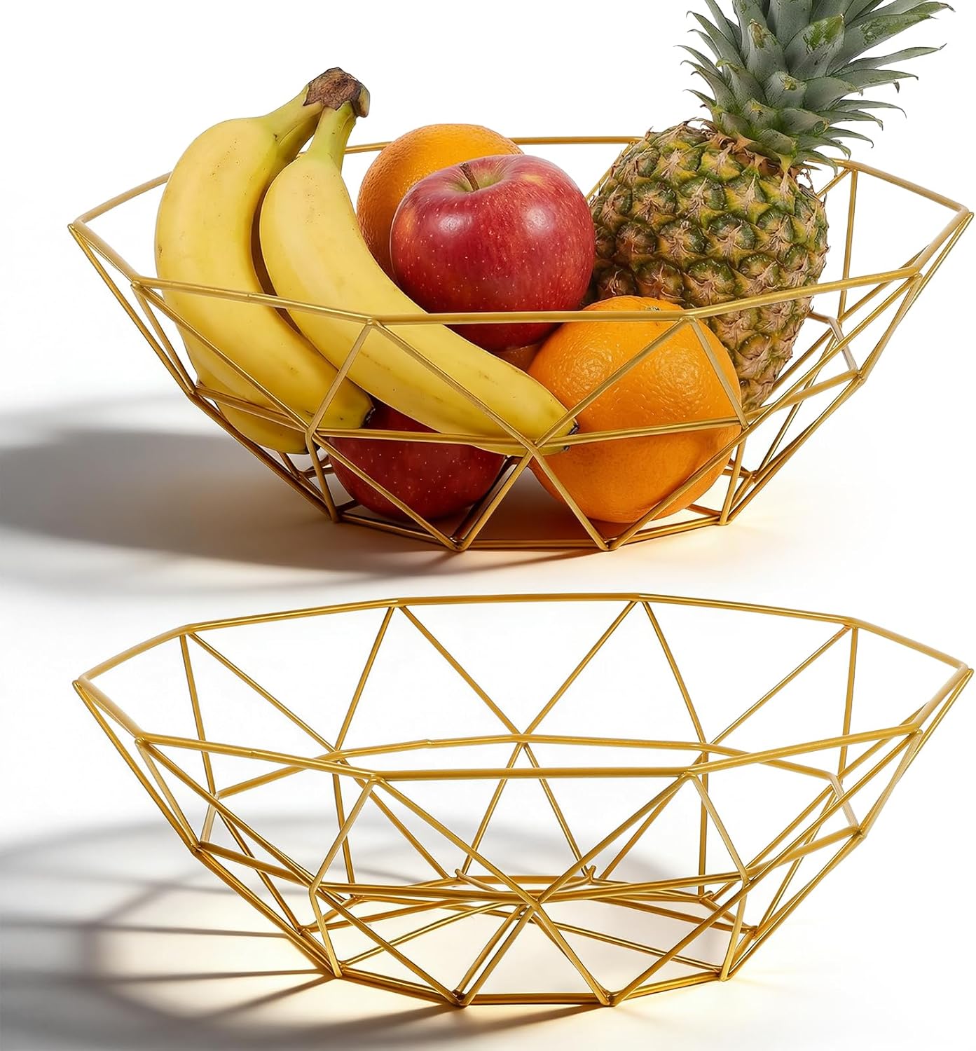Paquete de 2 cestas de frutas doradas de alambre geométrico